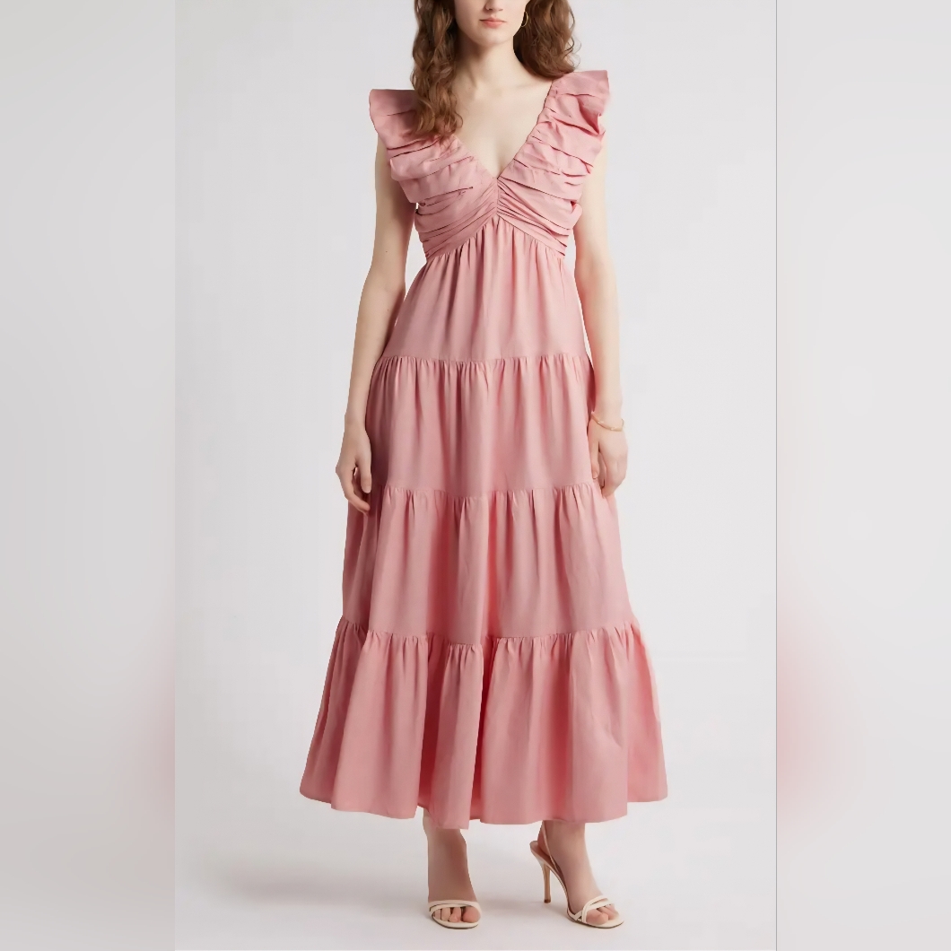 Nwt Chelsea28 Linen Blend Ruched V-Neck Tiered Maxi Dress Size Xl Pink Beauty